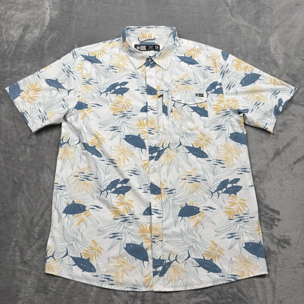 Salty Crew Shirt Mens XL White Technical Woven Short Sleeve Tuna Fish Print